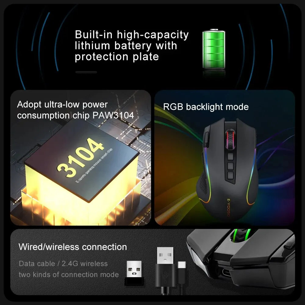 X-11 RGB USB 2.4G, Mouse Gaming tanpa kabel 4000 DPI 9 tombol dapat diprogram ergonomis untuk Gamer PC komputer