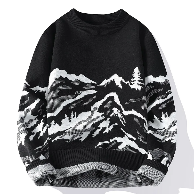 M-XXXL Plus Size Mens Mountain Printing Crew Neck Jumper Sweater Pullover Top Spring Autumn Casual Streetwear Clothing for Man