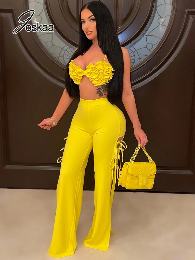 

Joskaa Solid Color Bikini Tops and Hollow Out Bandage Flare Pants Two Piece Set Women Clothing Summer 2022 Sexy Club Outfits