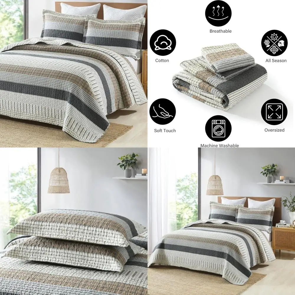 

Cotton Queen Quilt Set - Patchwork Bedding Farmhouse Style, Lightweight Comforter with Reversible Design