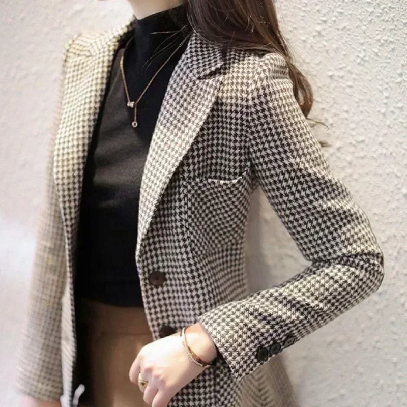 Xadrez verificação outerwears magro tweed blazer mulher fino lã & mistura casacos para mulheres ofertas moda 2025 jaqueta chique e elegante