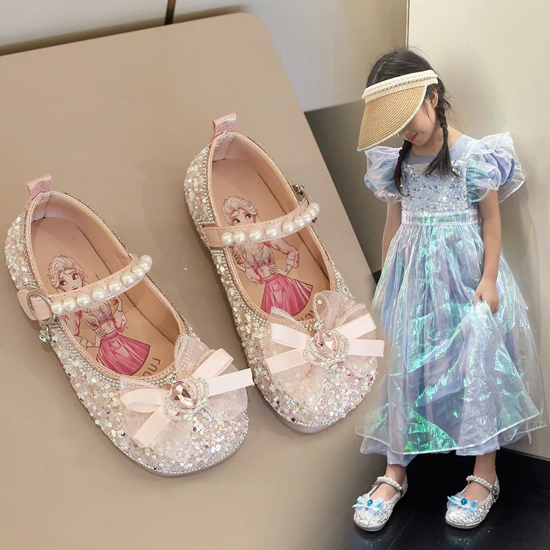 Disney Girl\'s Crystal Shoes Korean Baby Princess Shoes With Sequin Water Diamond Bow Children\'s Soft Sole Square Mouth Shoes