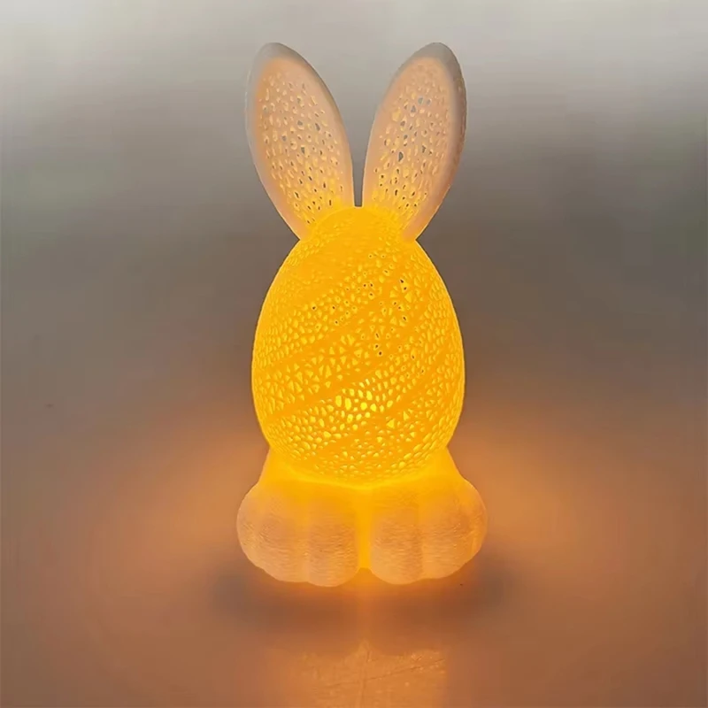 PORK-3D Printing Hollow Out Easter Rabbitornament, Candle Holder Plaster Desktop Decoration, White Cut Bunny Eggs Figurines