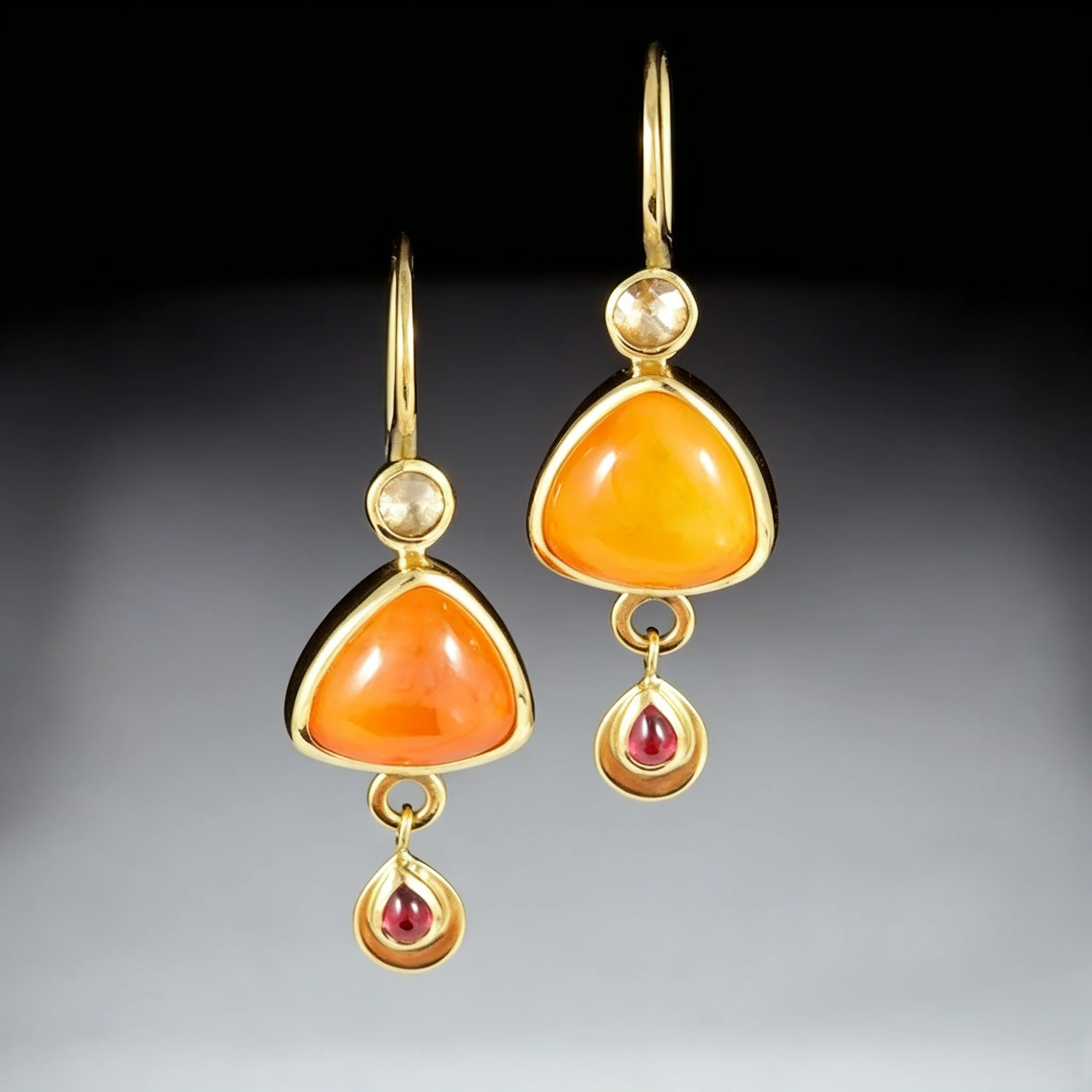 Luxurious triangular faceted artificial gemstone pendant earrings for ladies, suitable for formal gatherings.