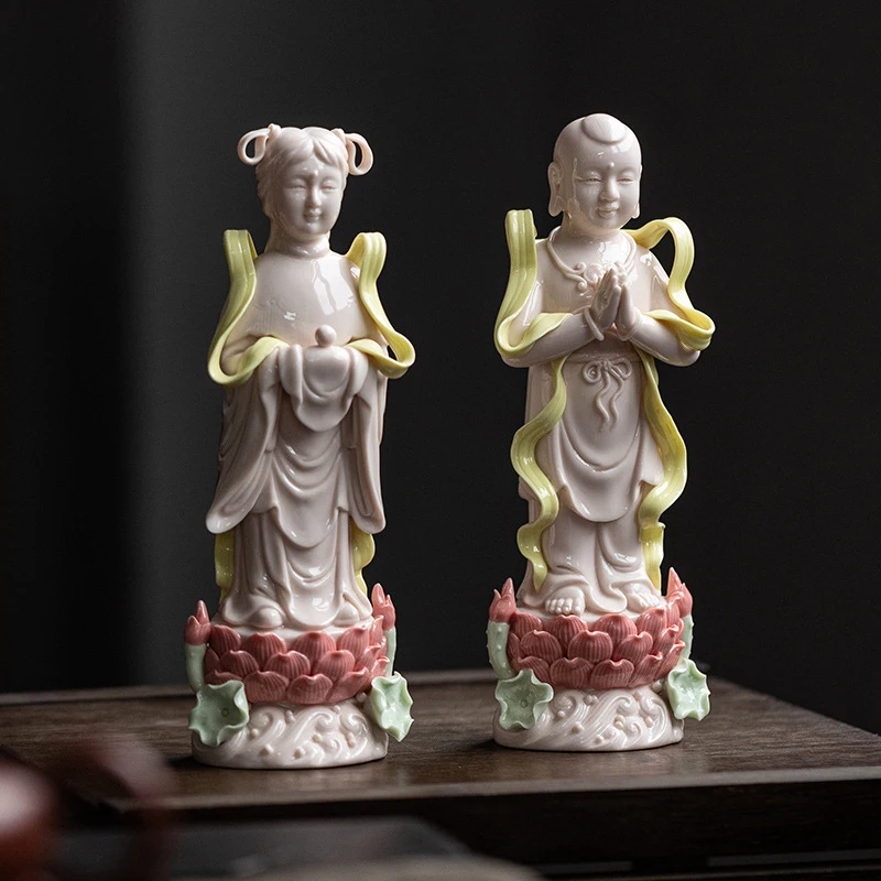 Ceramic statues of auspicious children, dragon girls, golden boys, jade girls, and Guanyin Bodhisattva for home worship and deco