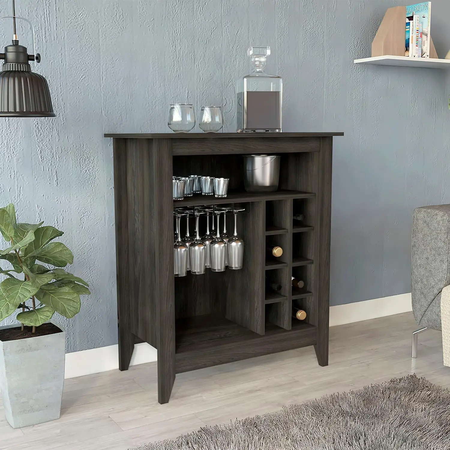 Bar Cabinet Espresso 6 Wine Racks Open Shelf Drawer & Spacious Top Easy Assembly, Customized