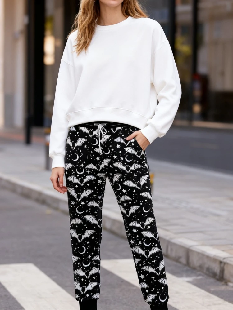 

Готические брюки-джоггеры с летучей мышью и небесным принтом, черная удобная одежда для отдыха с завязками в виде лунных звезд, унисекс, повседневное использование на Хэллоуин