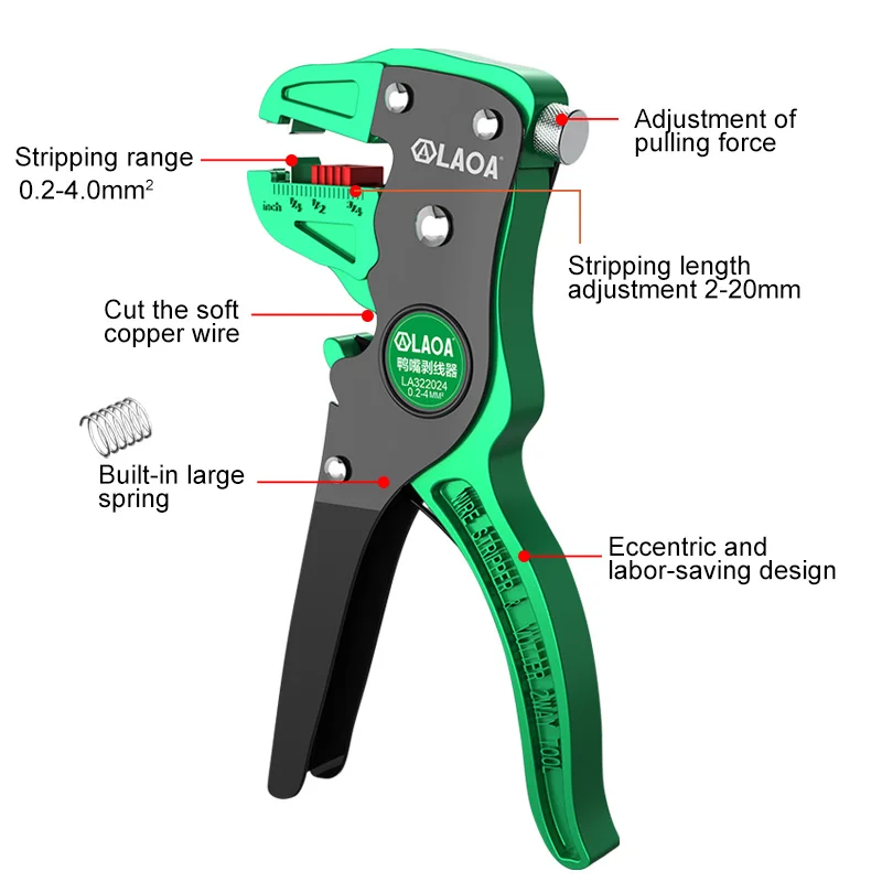 LAOA Mini Automatic Wire Stripper Wire Cutter Duckbill Adjustable Cable Stripper Tool Flat Wire Single Multi-Wire 0.2-4.0mm²