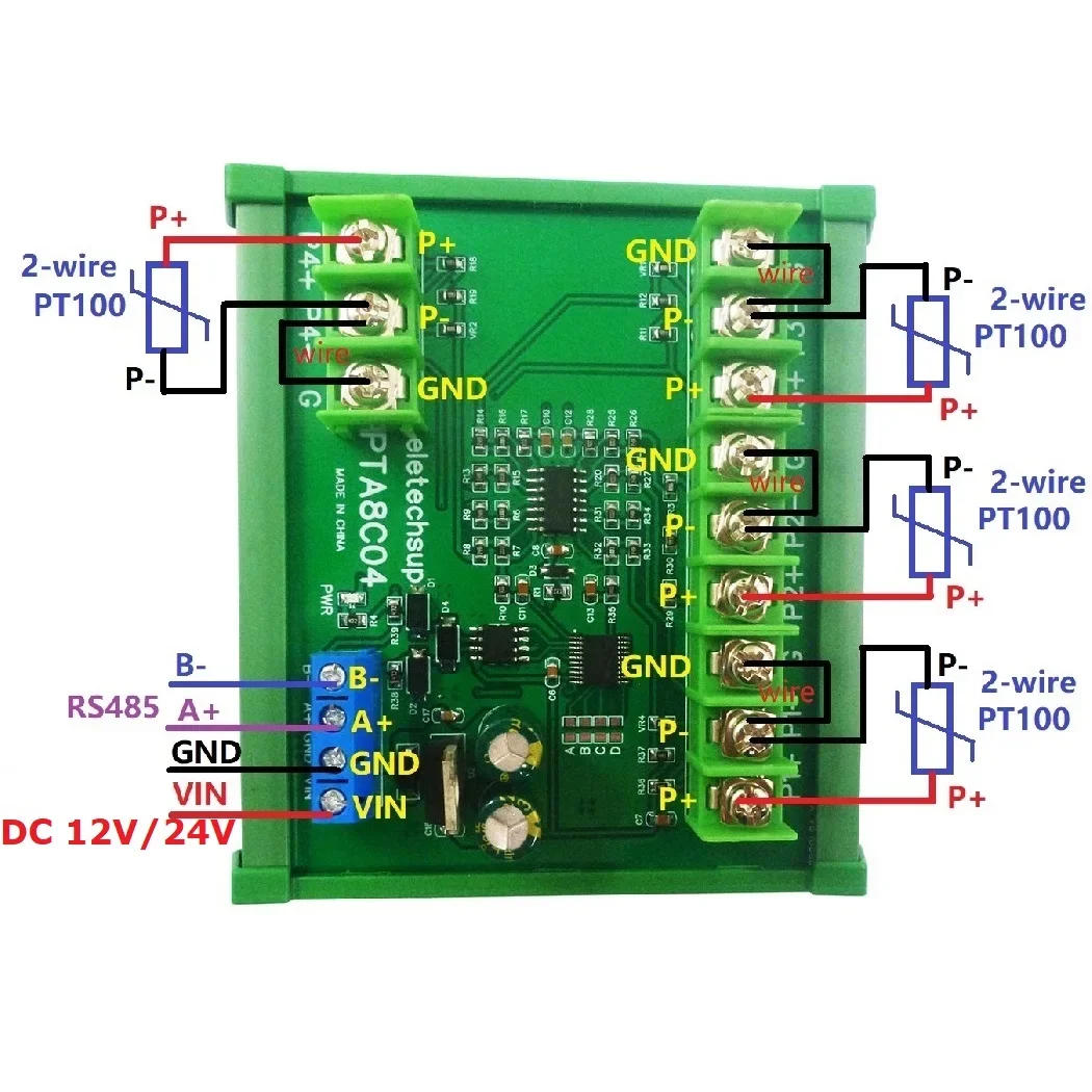 PTA8C04 4CH DC12V 24V Celsius PT100 Thermocouple Temperature Sensor Module Data Modbus RTU Platinum Thermal Resistance Collector