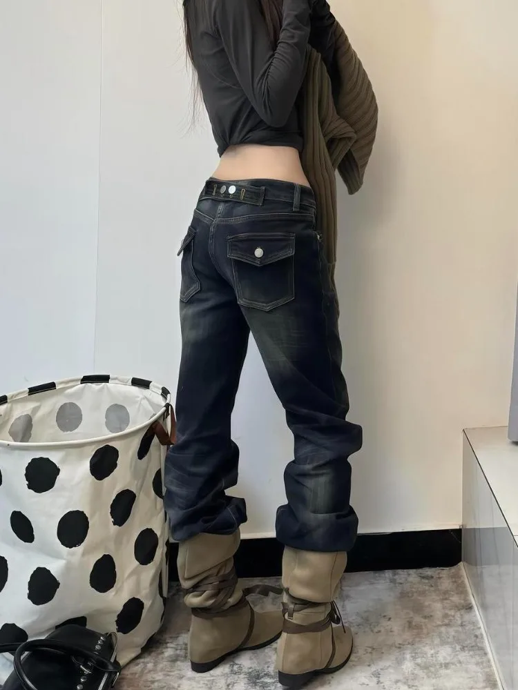 Vintage Y2K High Waist Straight Leg Denim Jeans Women Washed Distressed Stretch Slim Fit Pocket Paris Buckle Casual Streetwear
