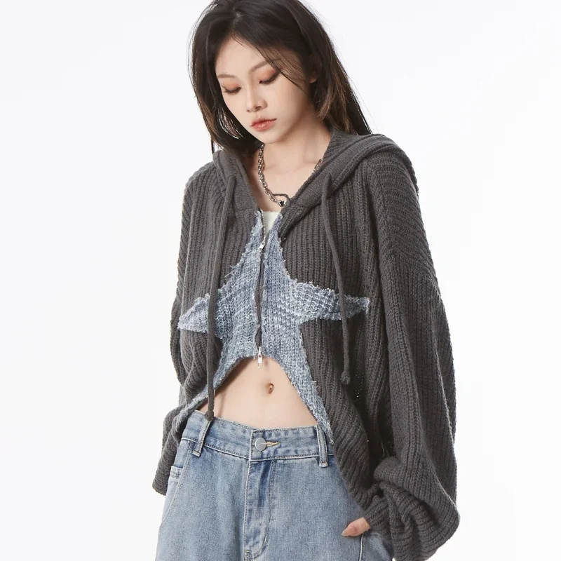 Vintage Cropped Star Sweater Women Korean Style Grunge Knit Cardigan Zipper Knitwear Streetwear Autumn E3515