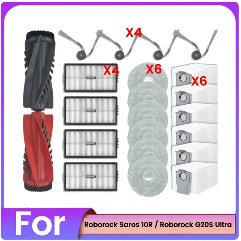 

Запасные части JHD для Roborock Saros 10R / G20S Ultra: основная щетка, боковая щетка, фильтр, салфетки для уборки, мешки для сбора пыли, детали для пылесоса.