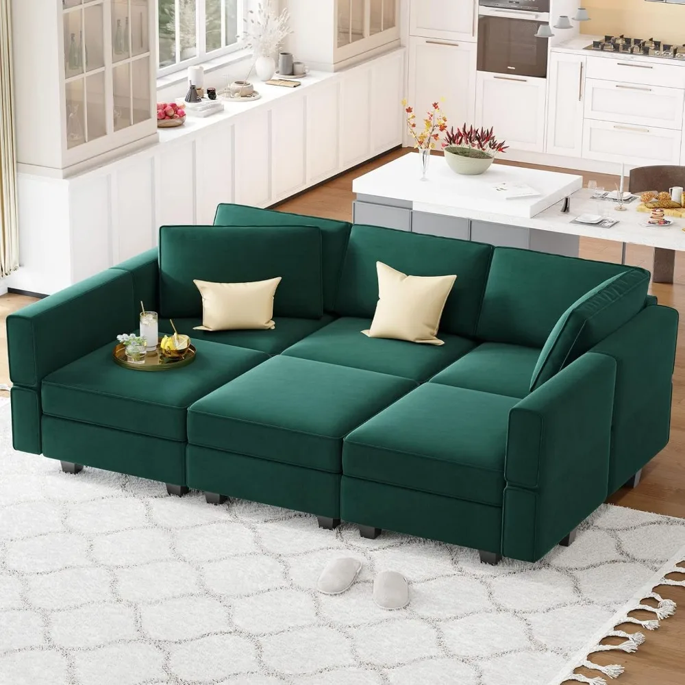 Modular Velvet Sectional Sofa with Chaise Lounge Sectional Sleeper Sofa with Storage Chaise Sofa Bed Couch for Living Room Green