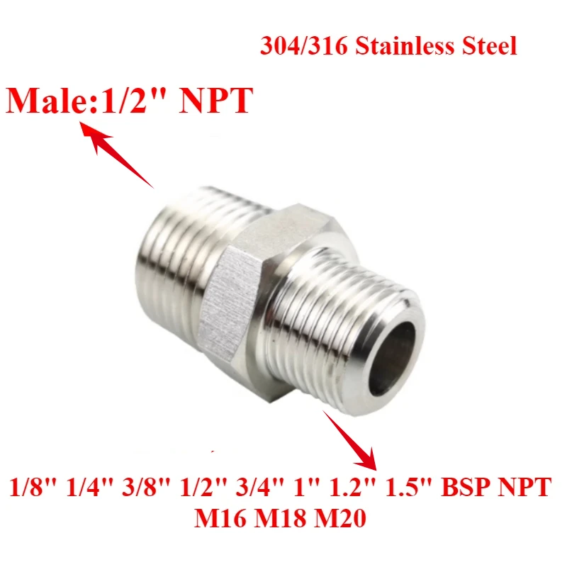 

Шестигранный ниппель NPT с наружной резьбой 1/2 дюйма — нержавеющая сталь 304, подходит для M16–M20, 1/8–1 дюйма BSP/NPT, адаптер переходника для труб
