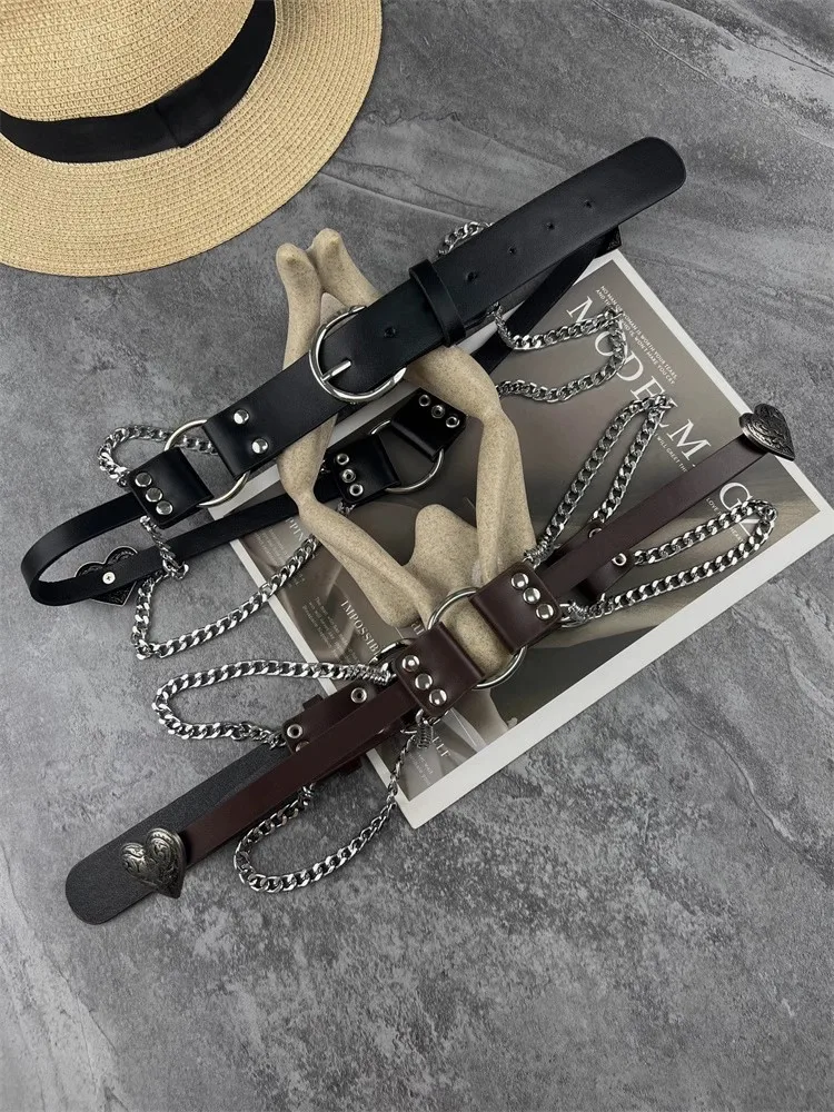 Women's Fashion Metal Chain PU Leather Punk Corset Female Cummerbund Coat Waistband Dress Decration Wide Belt J1625