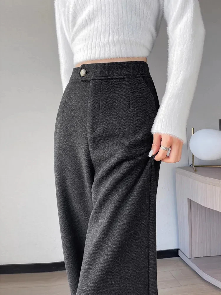 Outono falso lã calças de perna larga feminina y2k cintura alta solta casual calças de perna larga coreano inverno quente streetwear calças retas