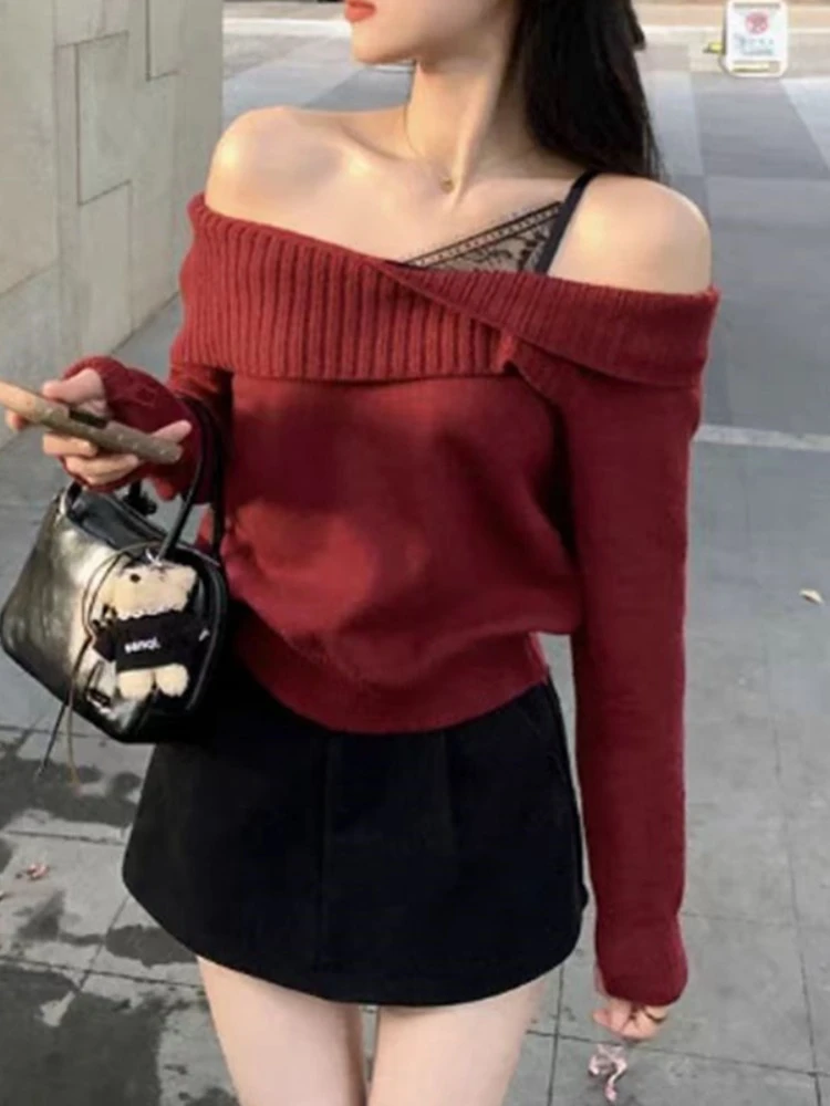 مثير الدانتيل oulder واحد بكتف واحد محبوك سترة المرأة Faionable الخريف أعلى تصميم الإحساس فريد ulari ملابس علوية #4