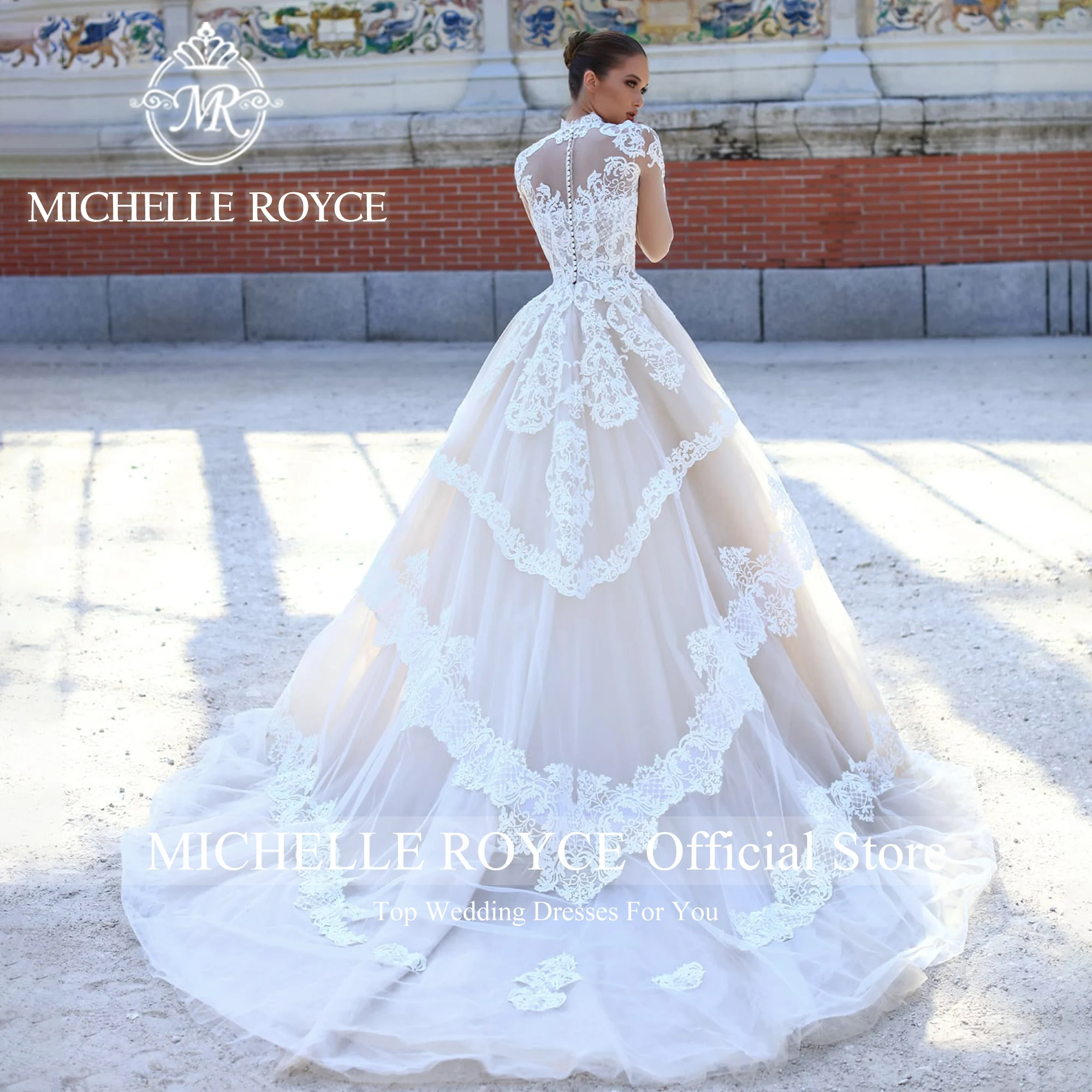 Michelle Royce Ball Gown Wedding Dresses For Women HIGH Long Sleeve Illusion Champagne Royal Wedding Gown Vestidos De Novia