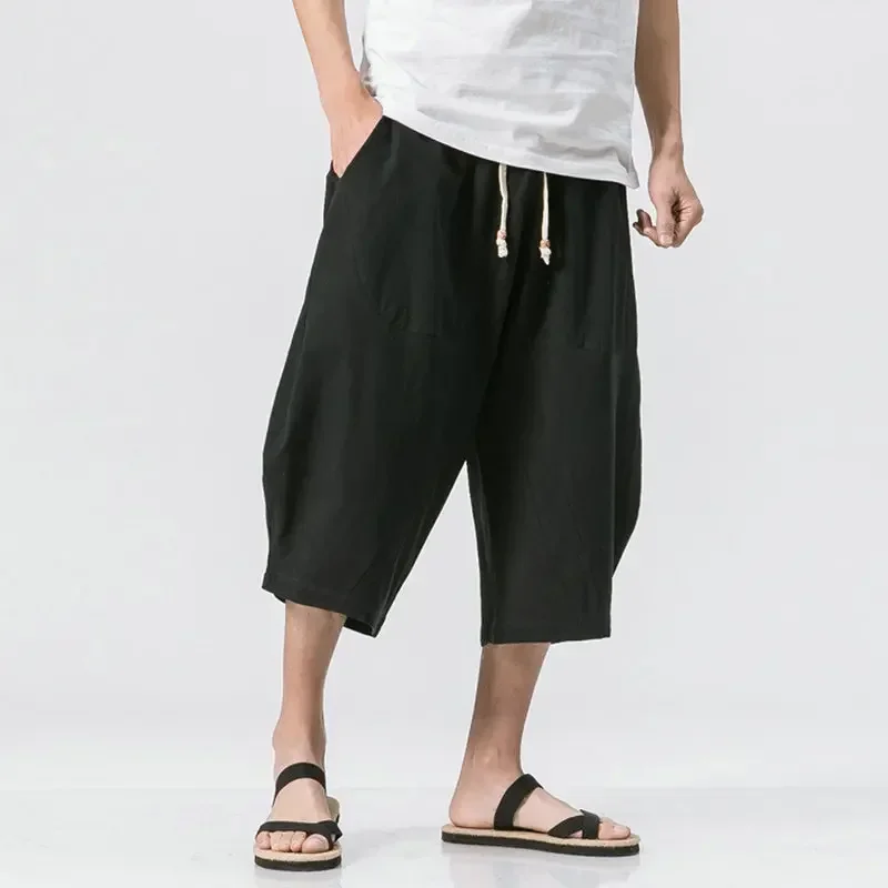 Calças masculinas de linho estilo chinês, calças largas, virilha masculina, hiphop, corredores de homem, calça de comprimento de bezerro, verão, 2023