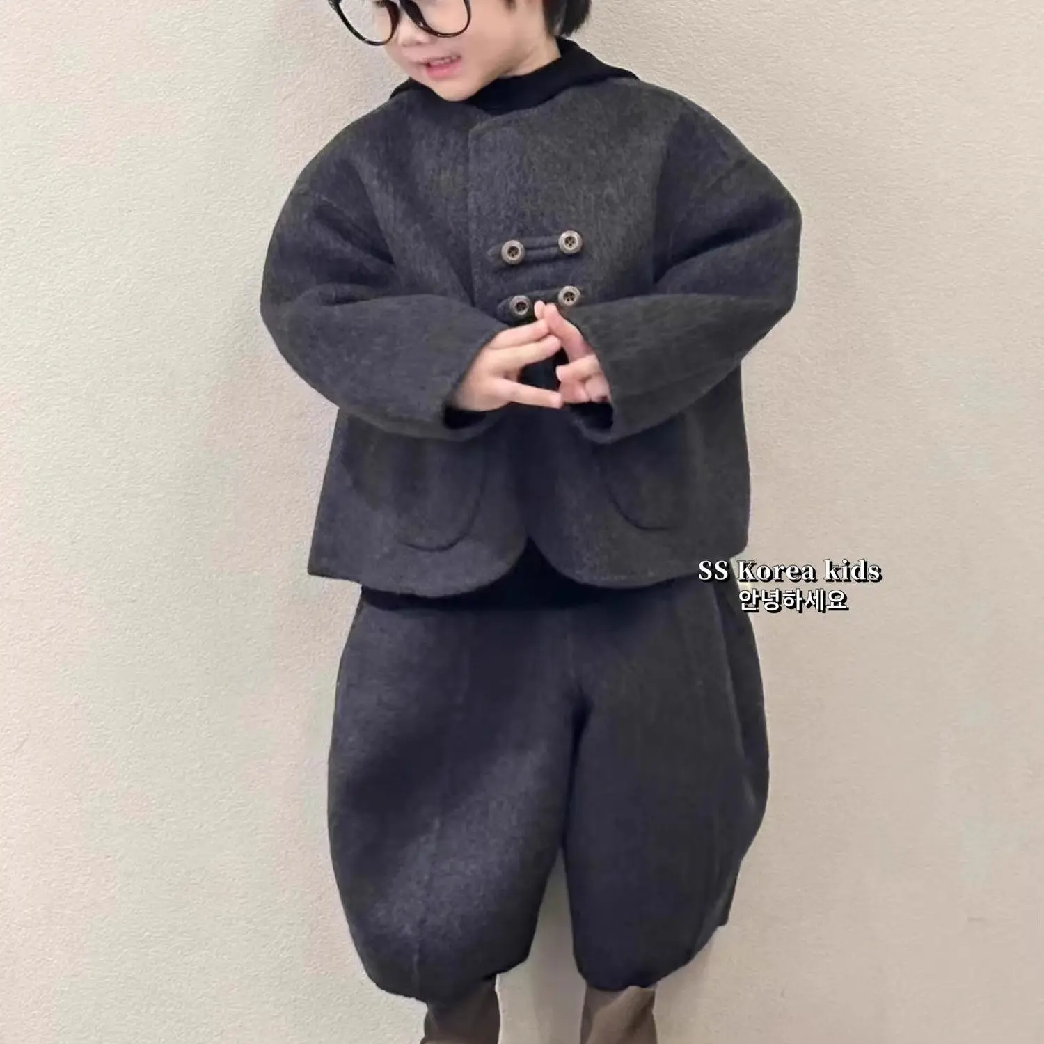 Children Elegance Top Clothing Winter Boys Clothes Set Fashion Gray Retro Woolen Coat Jacket+Pants 2Pcs Handsome Suits Kids suit