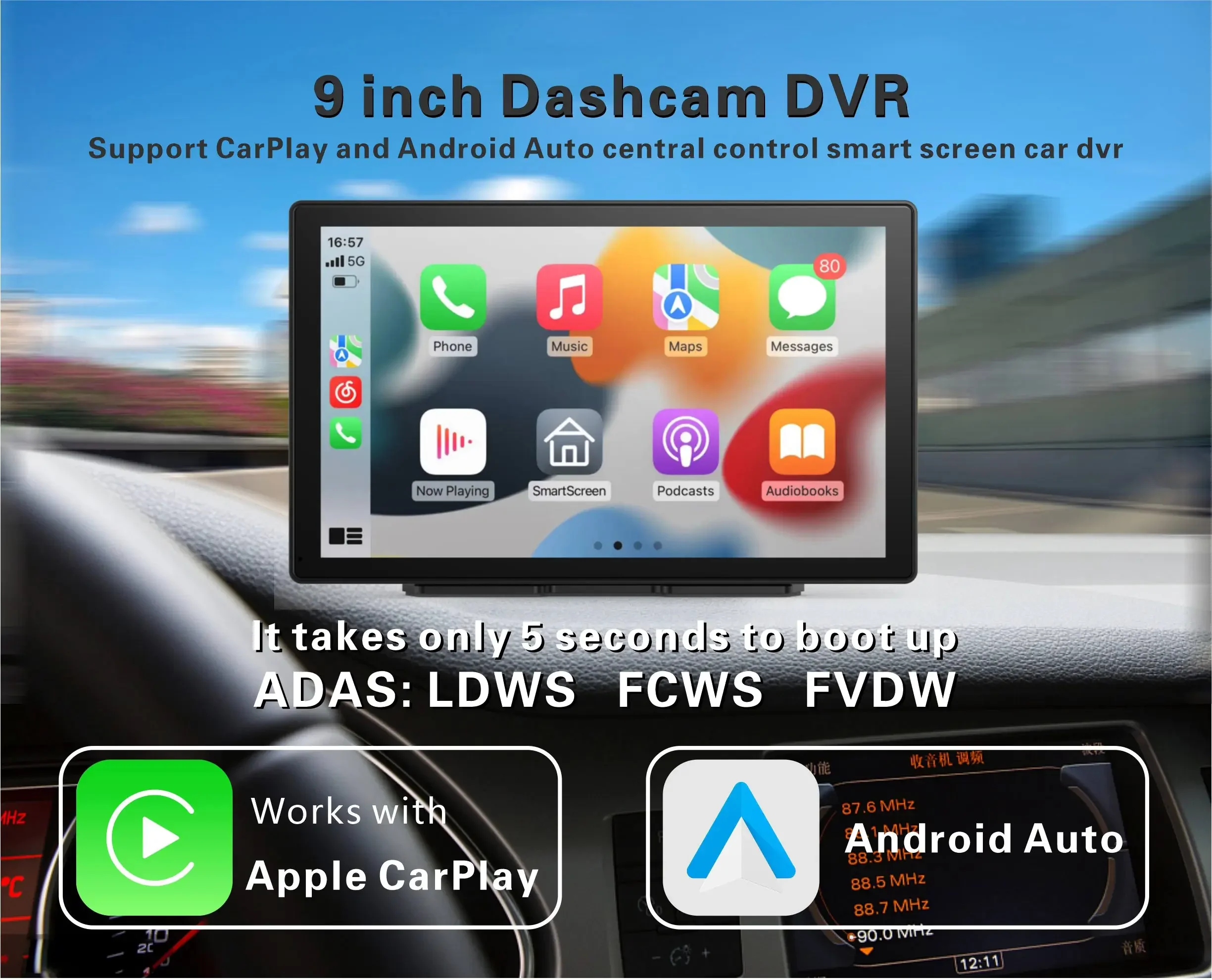 9 inch 2K Dual Lens Central Control Streaming Audio System MP5 Player Media Carplay Android Auto Car Black Box  ADAS