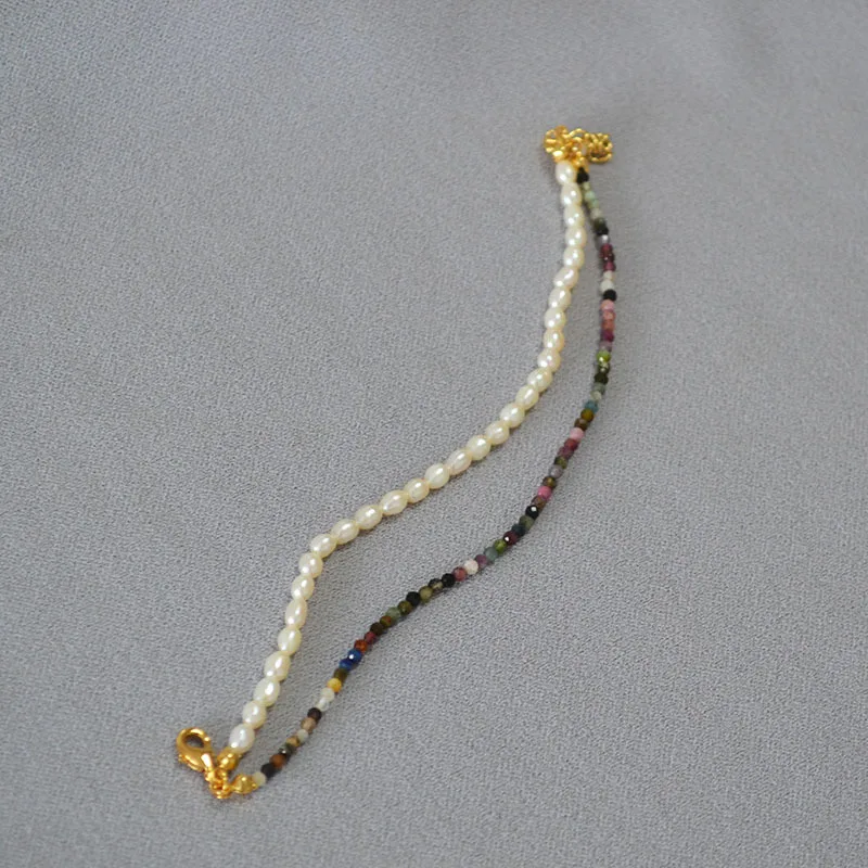 بيان جديد اليابانية والكورية لؤلؤ المياه العذبة الطازجة لؤلؤ المياه العذبة اللون التورمالين الحجر الحقيقي مطرز طبقة مزدوجة مكدسة سوار