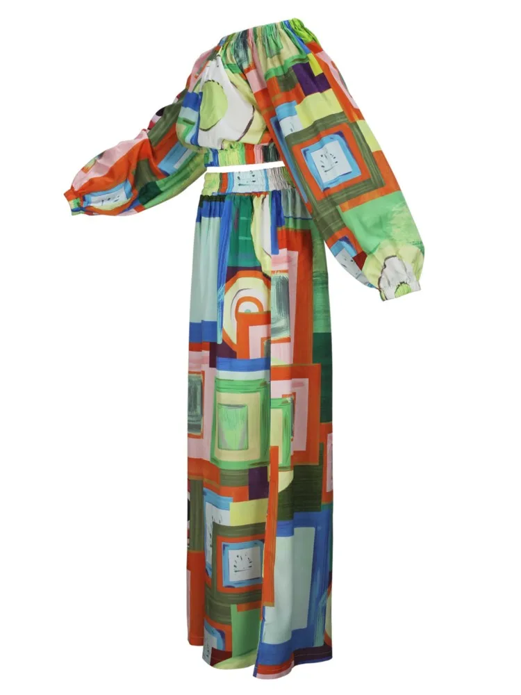 Printed Casual Two Piece Set Women 2025 Summer New Fashion Elegant One Line Neck Tops And High Waist Wide Leg Pant 2 Piece Sets