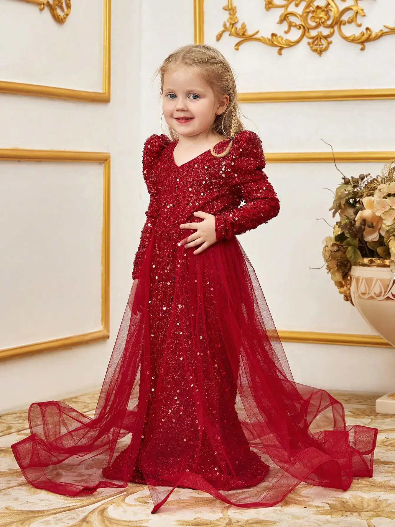 Vネックのレッグオブマトン袖メッシュとスパンコールのフラワーガールドレス