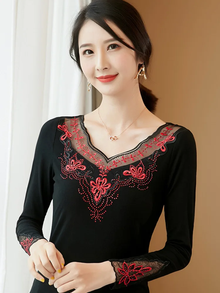 Lace Patchwork Modern Dance Tops Traditional Costume Jazz Long Sleeves Adult Waltz Competition Party Latin Women T-shirt 2024