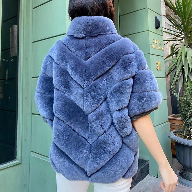 Half Sleeve Stand-up Neck Natural Rex Rabbit Fur Jacket Women Streetwear Thicken Tide Warm Autumn Winter Tide Fur Coat Lady