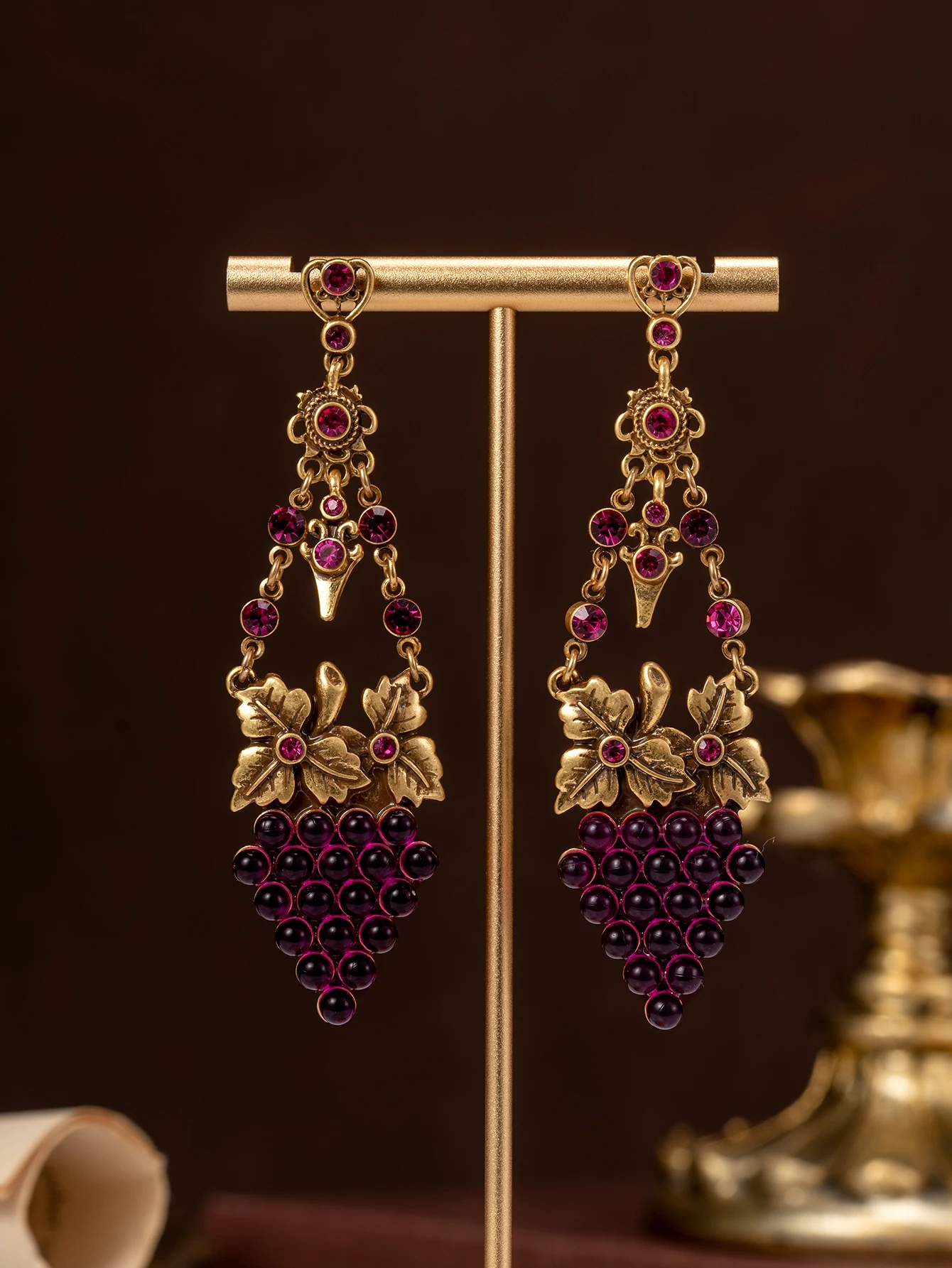 A Pair of Vintage Bronze-Colored Purple Grape Cluster Earrings with Rose Pink Diamond Inlays and Tassels for Everyday Wear and Parties
