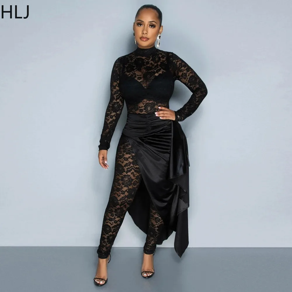 HLJ Fashion Mesh Lace Perspective Ruched Two Piece Sets Women O Neck Long Sleeve Bodsuits And Irregular Skirts Outfit Streetwear