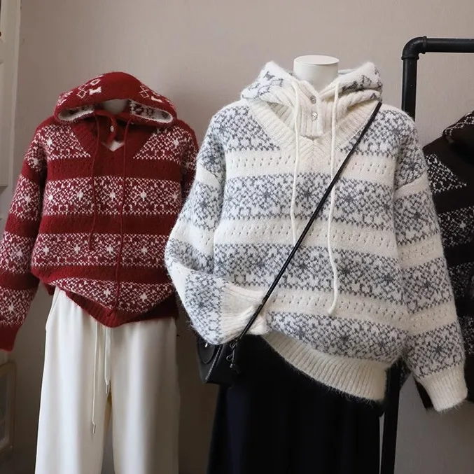 

Retro V-Ne Thiened Warm Removable Hat Sweater Women's Autumn Winter Loose Slimming Top Faionable Lazy Sle