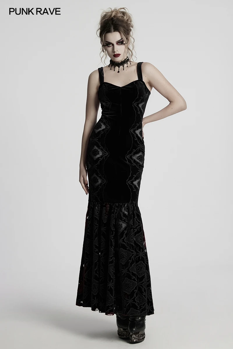펑크 레이브 여성 고딕 레트로 벨벳 수 놓은 드레스 매끄러운 우아한 커팅 Pleated 밑단 Drawstring 파티 클럽 롱 드레스