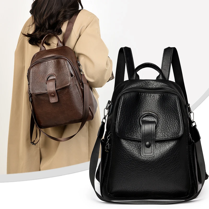 Fashion Vintage Leather Backpack Women Large Capacity School Bag with Inner Pocket Ladies Daily Commuter Leisure Travel Handbag