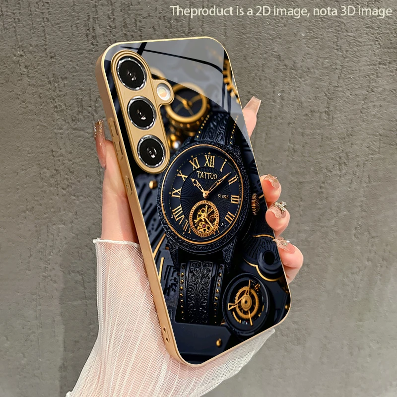Mechanical Gold Watch Pattern 2D Phone Case for Samsung S26 S25 S24 S23 S22 S21 S20 A56 - Golden Metal Paint Glass Protective Co