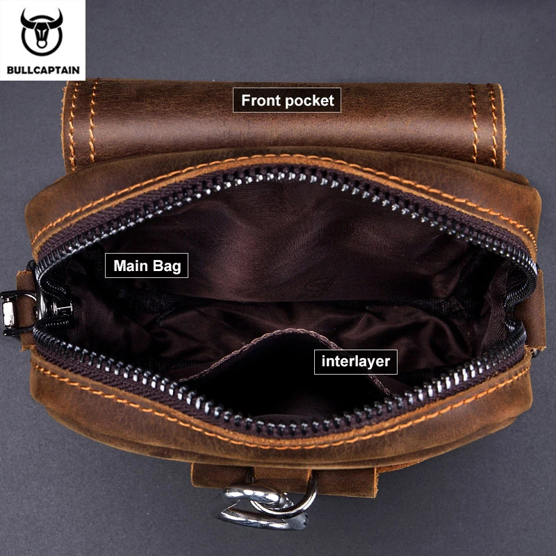 Imagem -04 - Bolsa de Cintura Masculina de Couro Bullcapitão Louco Bolsa Multifuncional de Polegadas para Celular Bolsa Mensageiro de Ombro Marrom