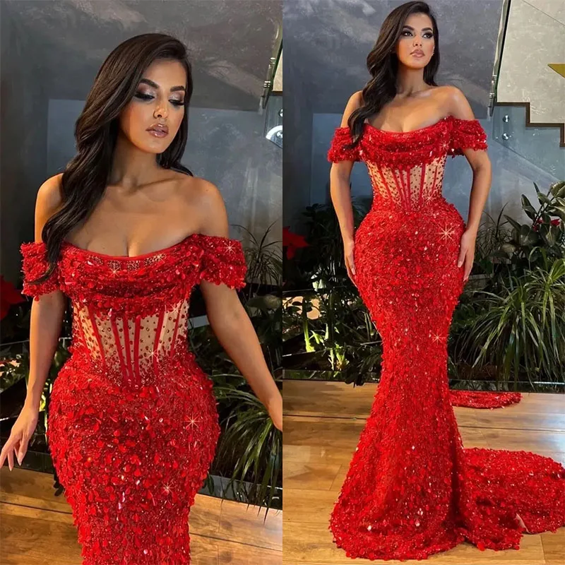 

Customized Luxury Sparkle Red Mermaid Evening Dresses Sequined Beads Off Shoulder Beaded Slim Fit Sweep Train Prom Gowns 2025