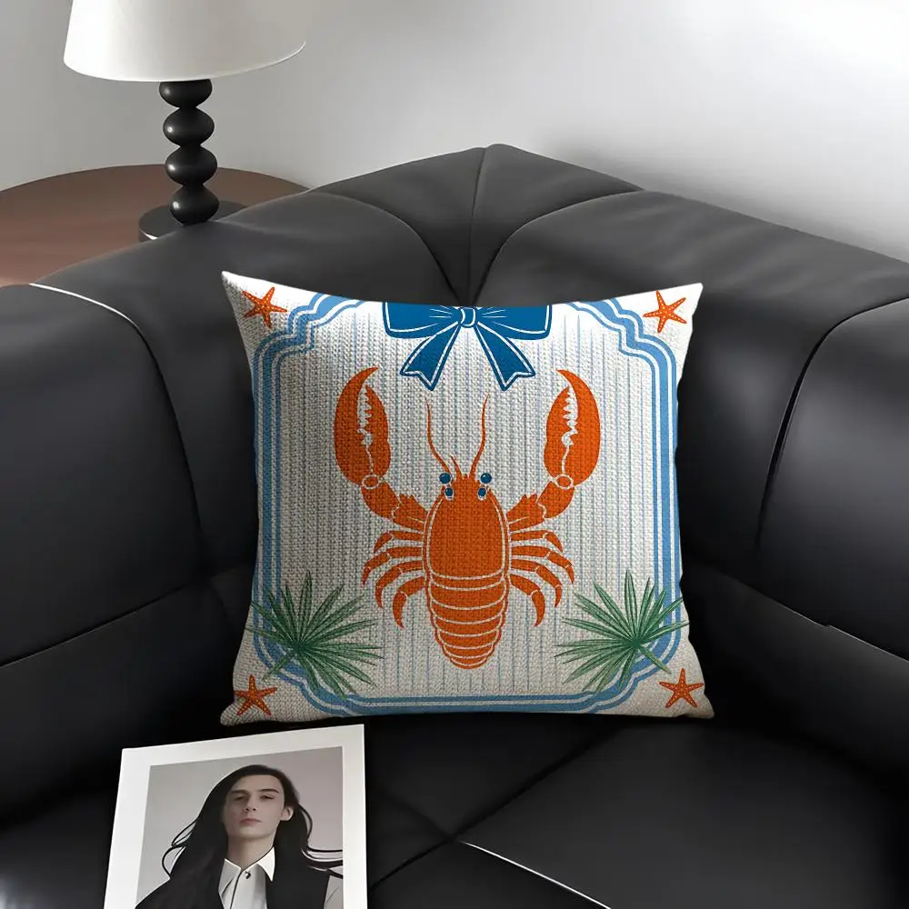 Preppy Crab Shrimp Print Cushion Cover Natural Linen Organic Fabric Double-Sided Printing Breathable Perfect Gift For Decor