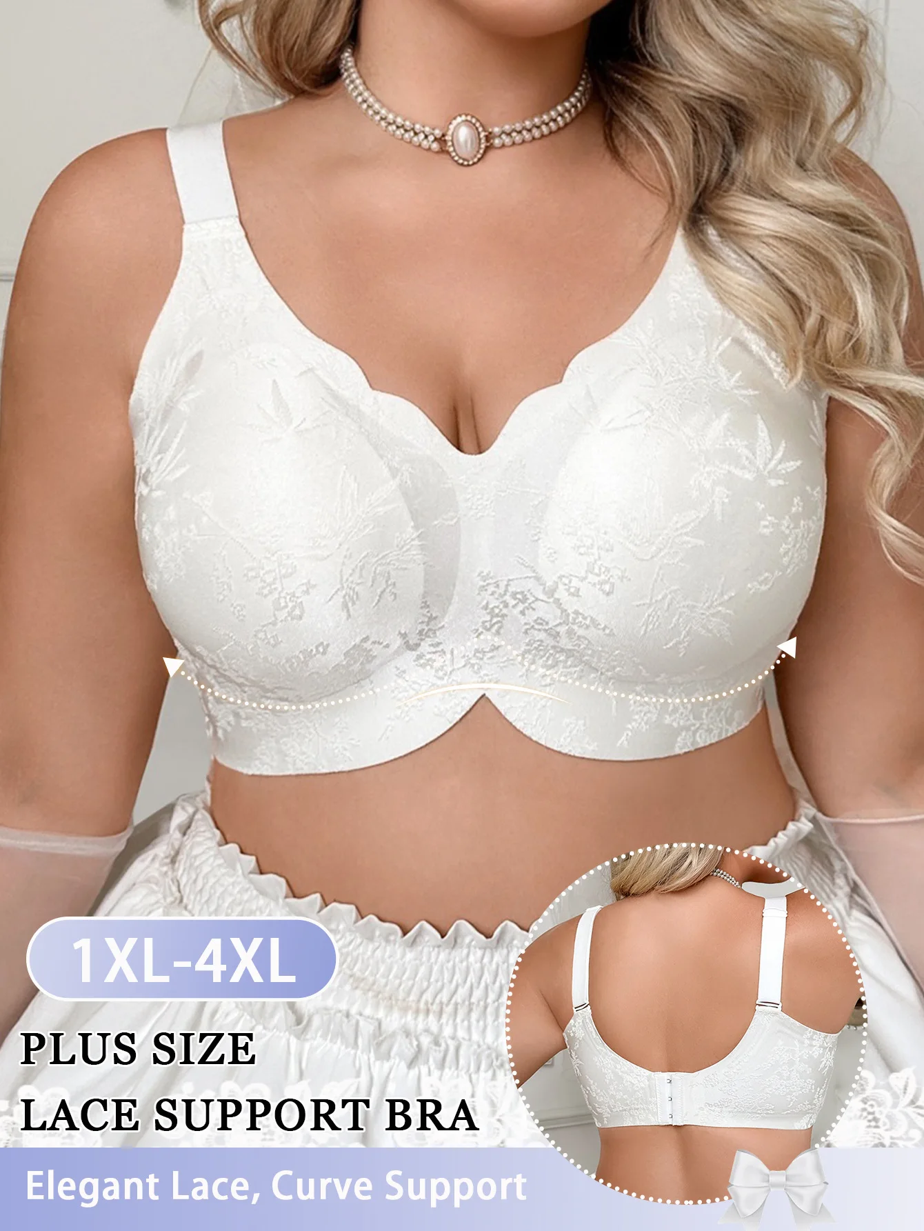 Women's Plus Size Wireless Bra French Style Jacquard Lace Full Cup Brassiere  No Underwire Push Up Side Fat Collection For Daily