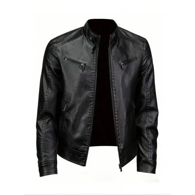 Men's PU Leather Jacket with Pockets And Zipper Regular Fit Five Sleeve Long Other Material Composition Non-deformable