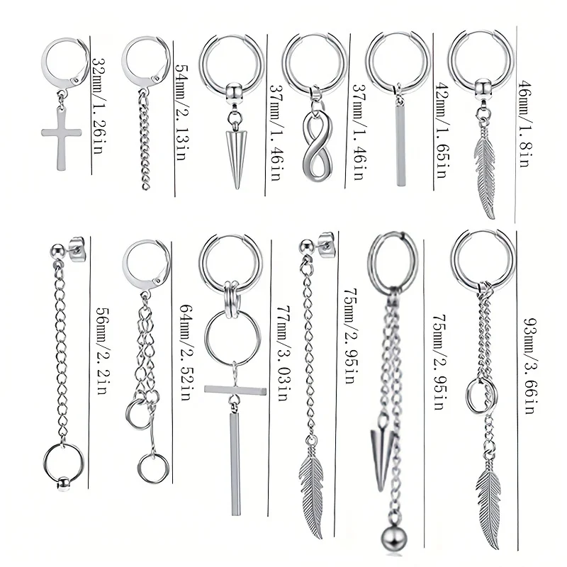 12pcs/set Black Or Silvery Unisex Cross Pendant Earrings Steel Earrings Set Black Earrings Set Pendant Chain Earring Hoop
