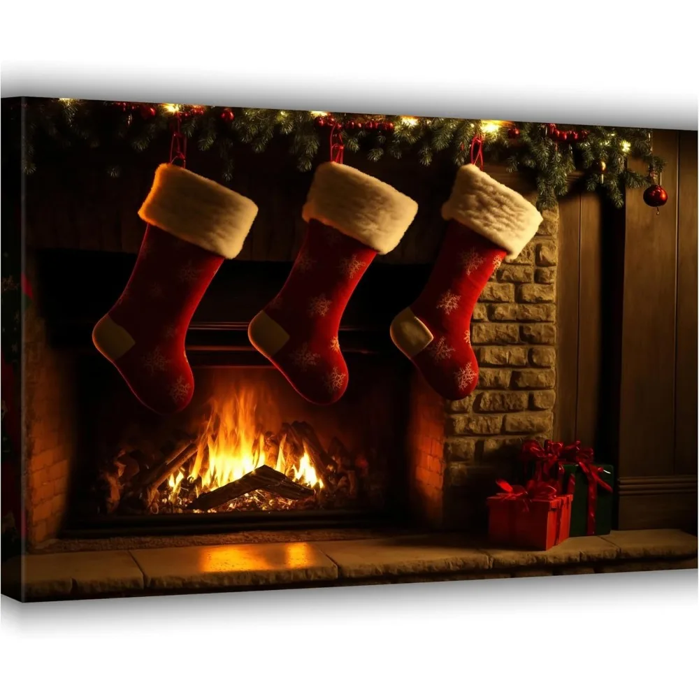 Christmas Socks Canvas Wall Art Decorations Christmas Gift Poster Picture Winter Wall Decor Canvas Print,Framed for Living Room