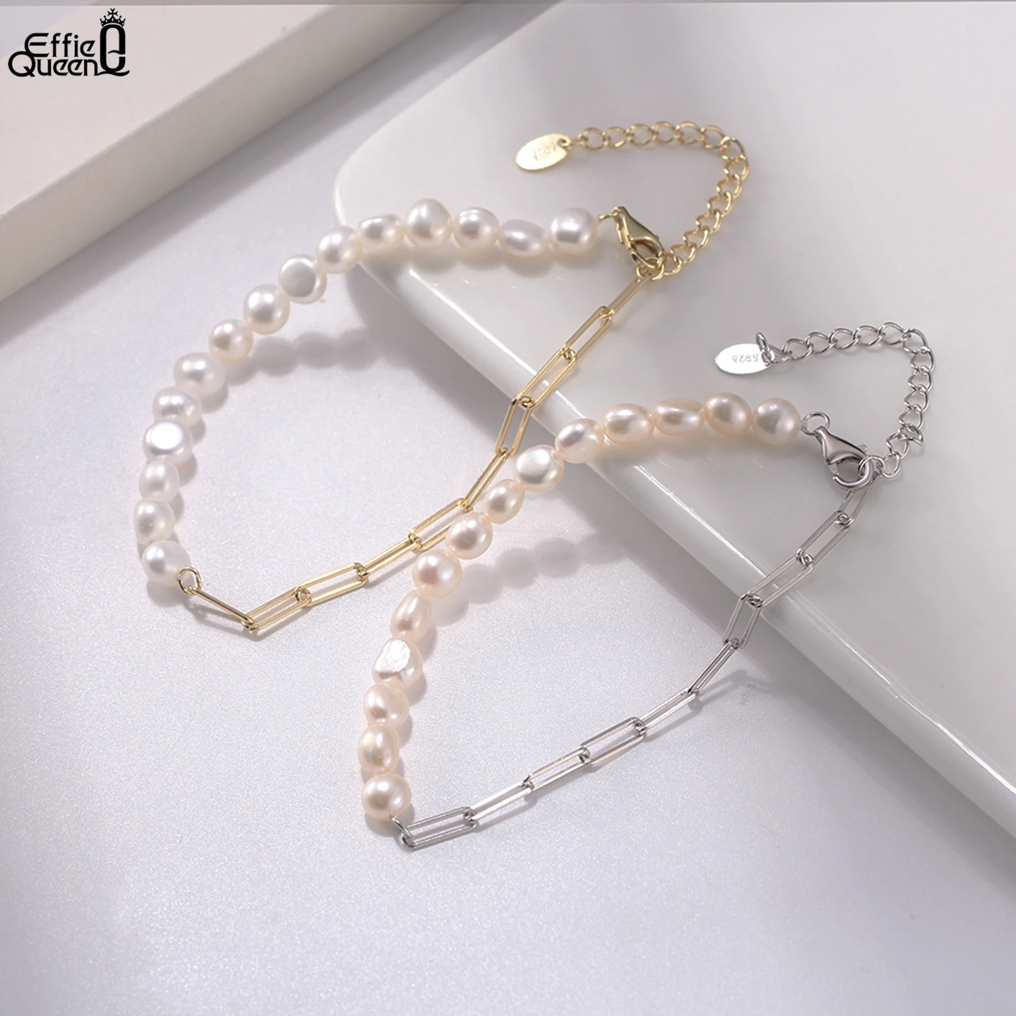 EFFIE QUEEN 925 الفضة النقية 14k الذهب الباروك اللؤلؤ سلسلة سوار مجوهرات طبيعية للنساء حفل زفاف هدية للذكرى السنوية GPB01 #5