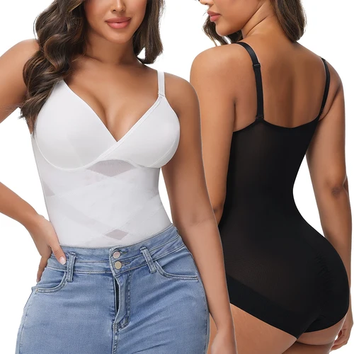 Ropa moldeadora de Control de barriga cruzada para mujer, bragas de cintura adelgazantes de malla Sexy, Body fino con copa para el pecho, moldeador de cuerpo, levantador de glúteos, cuerpo liso
