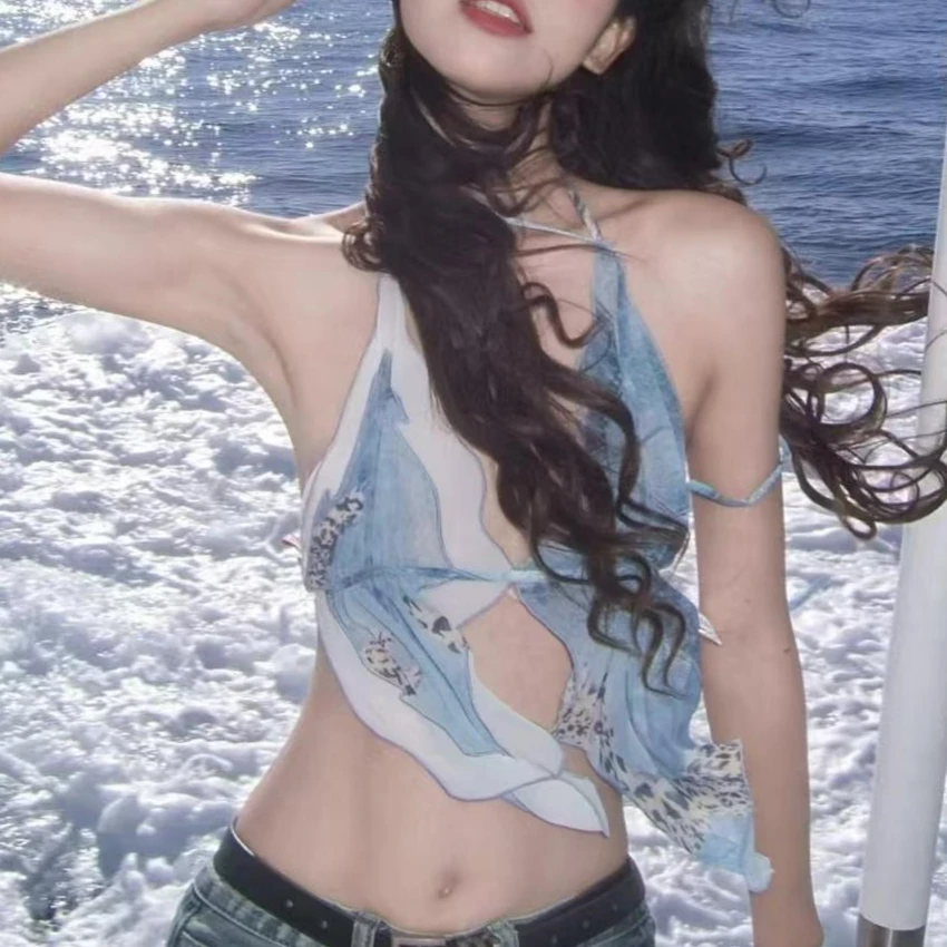 Frauen Sexy Halter-Backless Leibchen Asymmetrische Blumen Druck Mesh Strap Top Sommer Beachwear Koreanischen Stil Slim Fit Hemd 2025,
