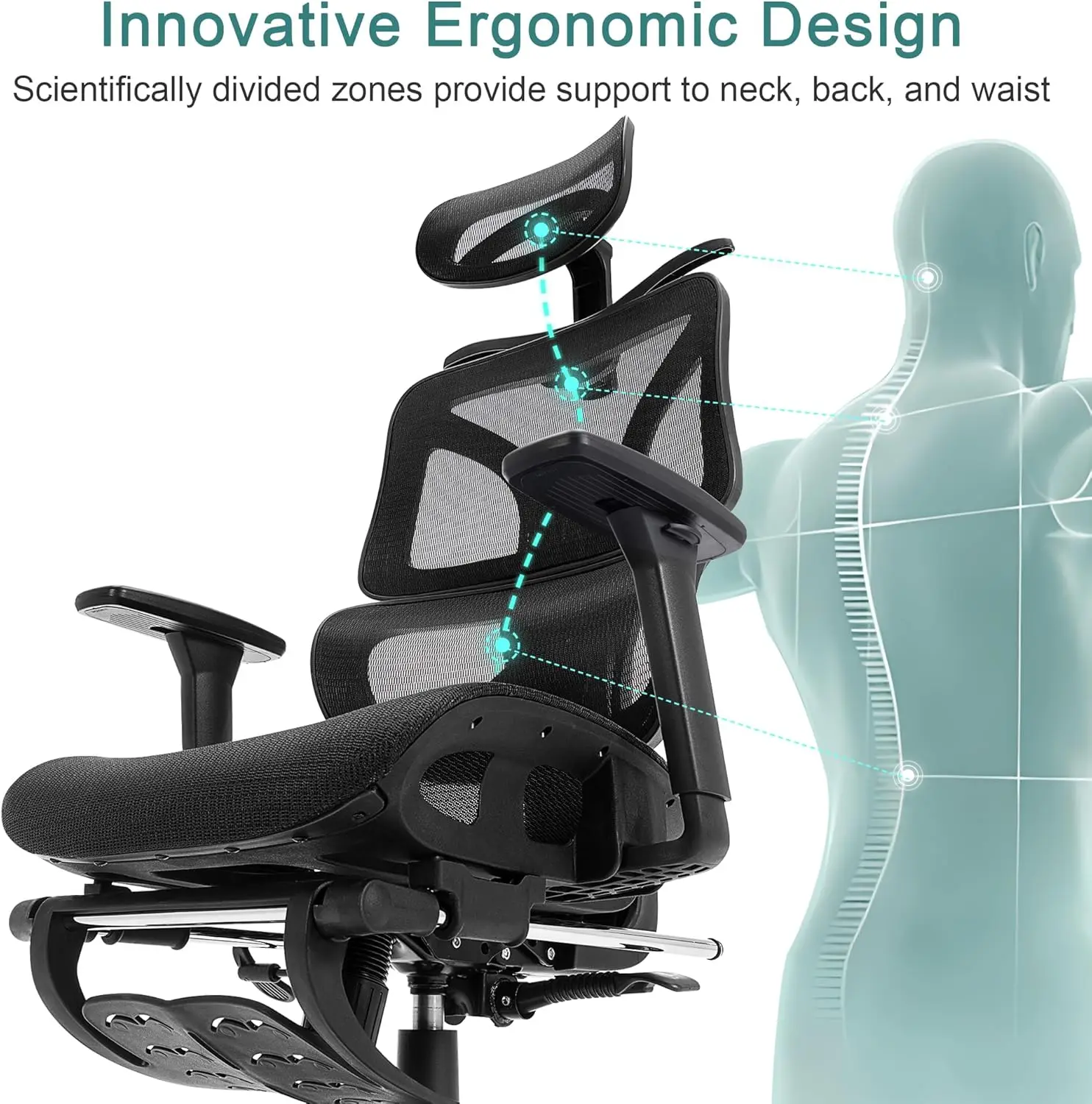 Ergonomic High Back Mesh Office Chair with Retractable Footrest, Adjustable Backrest, Tilt Function, 3D Armrests & Headrest, Lum