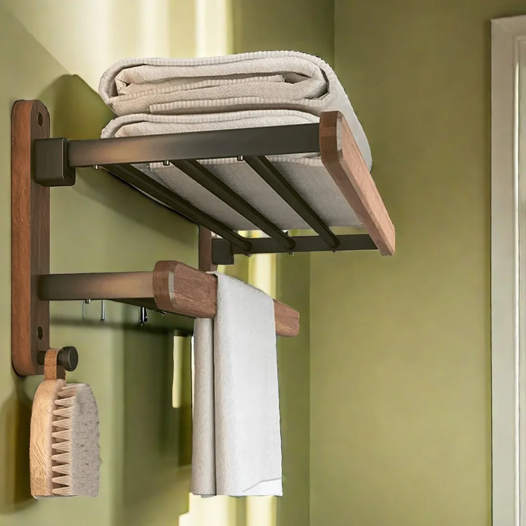 Towel holder，Walnut towel rack no punch bathroom shelf toilet bathroom wall mounted washroom storage bath towel holder