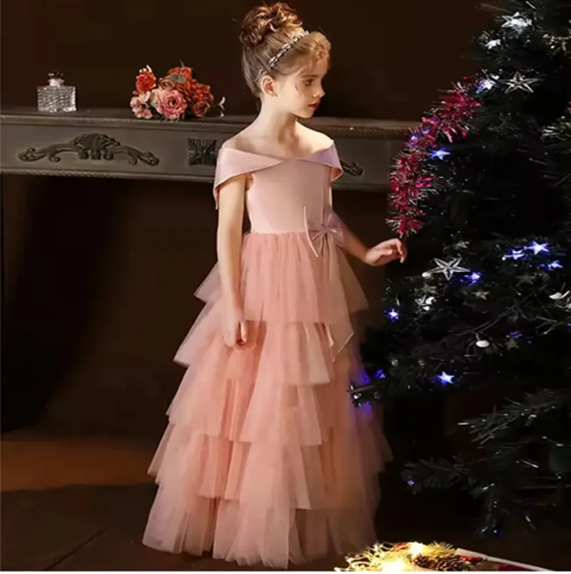 

Customized Elegant Flower Girl Dresses For Wedding Layered Floor Length With Bow Kids Birthday Party First Communion Ball Gown