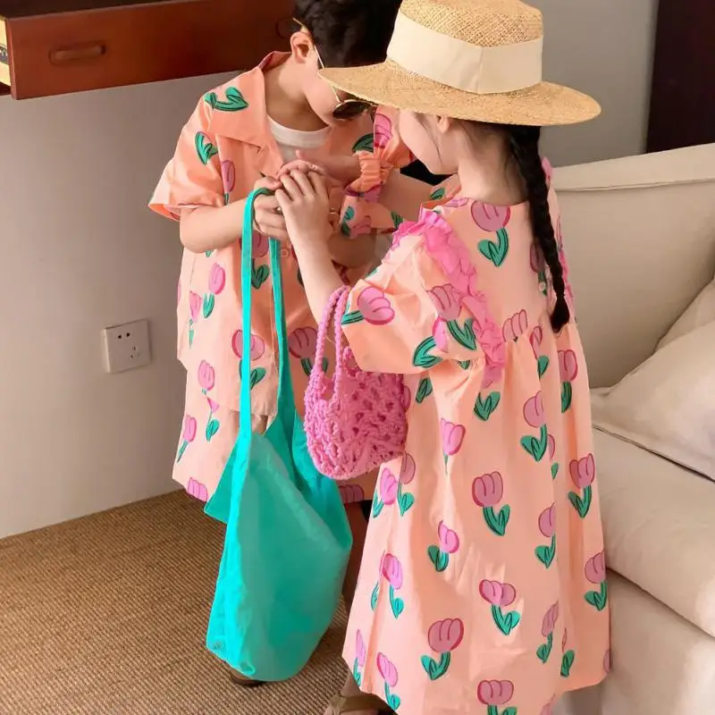 Summer New Fashion Tulip T-shirt And Short Boys Comfortable Homewear Set Girl Baby Sweet Loose Flower Versatile Boutique Dress